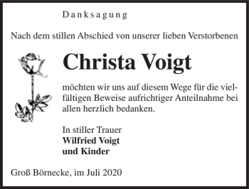 Traueranzeige von Christa Voigt  von Magdeburger Volksstimme