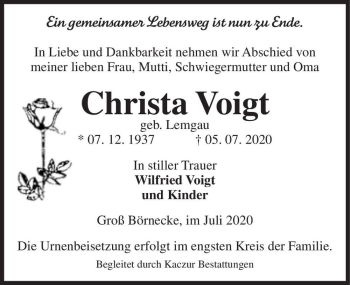 Traueranzeige von Christa Voigt (geb. Lemgau)  von Magdeburger Volksstimme