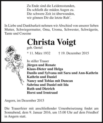 Traueranzeige von Christa Voigt (geb. Oertel)  von Magdeburger Volksstimme