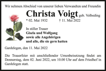 Traueranzeige von Christa Voigt (geb. Volbeding)  von Magdeburger Volksstimme