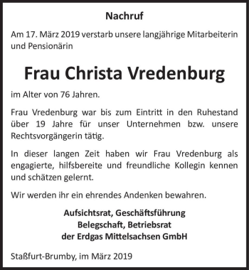 Traueranzeige von Christa Vredenburg  von Magdeburger Volksstimme