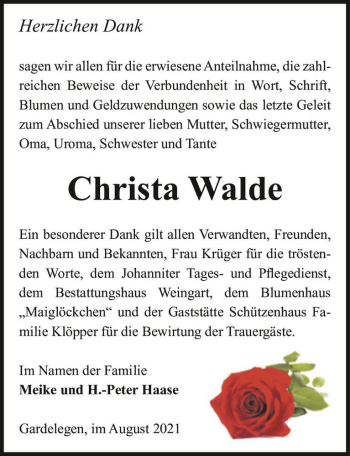 Traueranzeige von Christa Walde  von Magdeburger Volksstimme