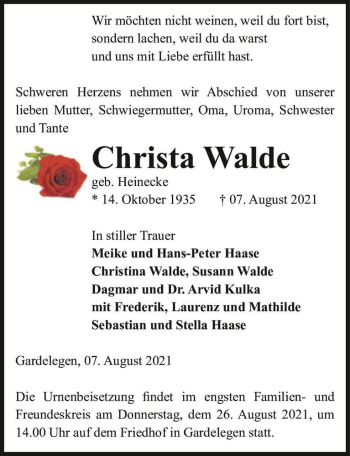 Traueranzeige von Christa Walde (geb. Heinecke)  von Magdeburger Volksstimme