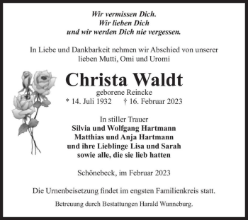 Traueranzeige von Christa Waldt (geb. Reincke)  von Magdeburger Volksstimme