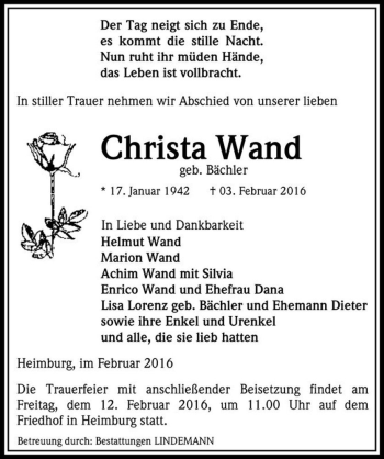 Traueranzeige von Christa Wand (geb. Bächler)  von Magdeburger Volksstimme