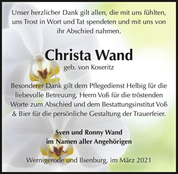 Traueranzeige von Christa Wand (geb. von Koseritz)  von Magdeburger Volksstimme
