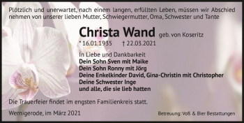 Traueranzeige von Christa Wand (geb. von Koseritz)  von Magdeburger Volksstimme