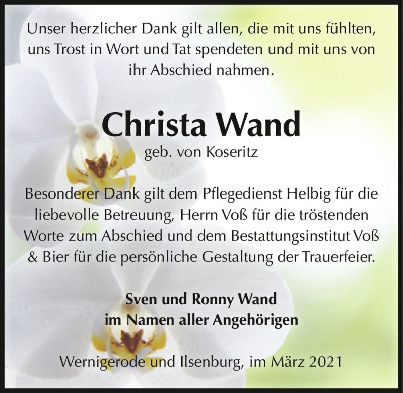  Traueranzeige für Christa Wand (geb. von Koseritz)  vom 10.04.2021 aus Magdeburger Volksstimme