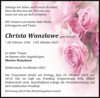 Traueranzeige von Christa Wanzlawe (geb. Griessl)  von Magdeburger Volksstimme