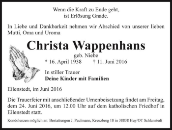 Traueranzeige von Christa Wappenhans (geb. Niebe)  von Magdeburger Volksstimme