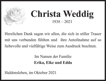 Traueranzeige von Christa Weddig  von Magdeburger Volksstimme