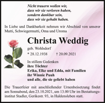 Traueranzeige von Christa Wedig (geb. Wohlsdorf)  von Magdeburger Volksstimme