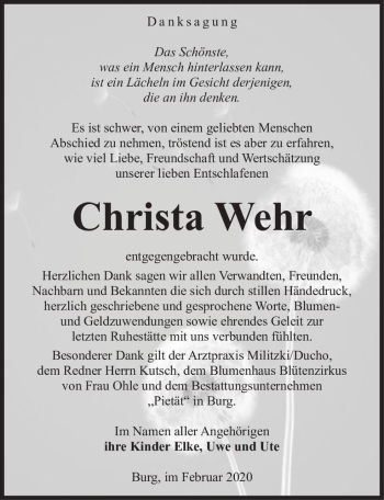 Traueranzeige von Christa Wehr  von Magdeburger Volksstimme