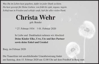Traueranzeige von Christa Wehr (geb. Bender)  von Magdeburger Volksstimme