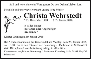Traueranzeige von Christa Wehrstedt  von Magdeburger Volksstimme