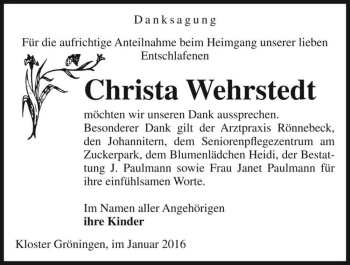 Traueranzeige von Christa Wehrstedt  von Magdeburger Volksstimme