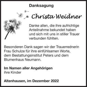Traueranzeige von Christa Weidner  von Magdeburger Volksstimme