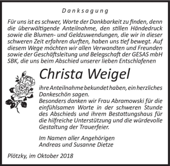 Traueranzeige von Christa Weigel  von Magdeburger Volksstimme