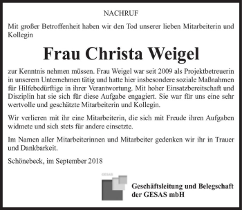 Traueranzeige von Christa Weigel  von Magdeburger Volksstimme