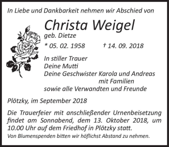 Traueranzeige von Christa Weigel (geb. Dietze)  von Magdeburger Volksstimme