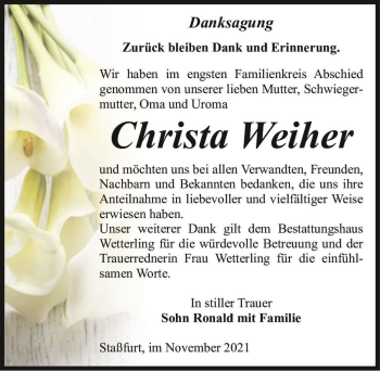 Traueranzeige von Christa Weiher  von Magdeburger Volksstimme