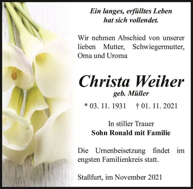  Traueranzeige für Christa Weiher (geb. Müller)  vom 06.11.2021 aus Magdeburger Volksstimme