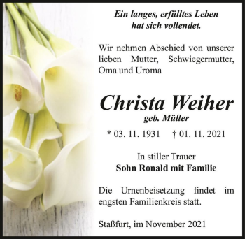 Traueranzeige von Christa Weiher (geb. Müller)  von Magdeburger Volksstimme