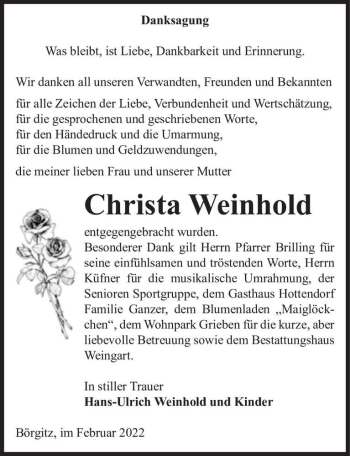 Traueranzeige von Christa Weinhold  von Magdeburger Volksstimme
