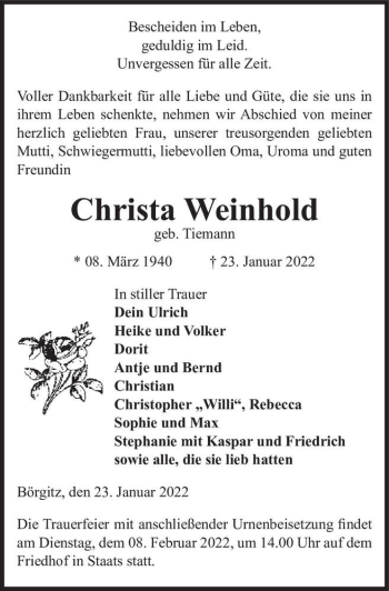 Traueranzeige von Christa Weinhold (geb. Tiemann)  von Magdeburger Volksstimme