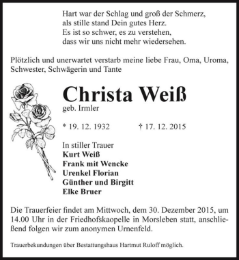Traueranzeige von Christa Weiß (geb. Irmler)  von Magdeburger Volksstimme