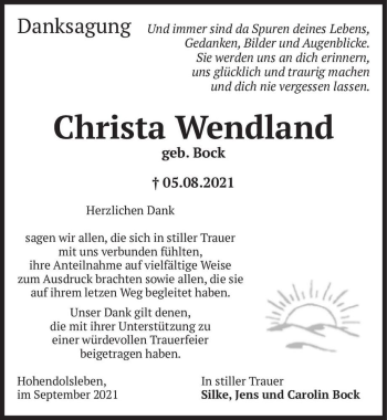 Traueranzeige von Christa Wendland (geb. Bock)  von Magdeburger Volksstimme