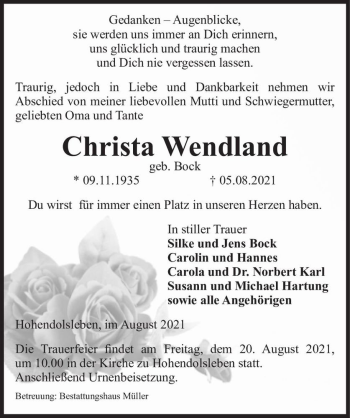 Traueranzeige von Christa Wendland (geb. Bock)  von Magdeburger Volksstimme