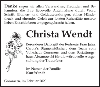 Traueranzeige von Christa Wendt  von Magdeburger Volksstimme
