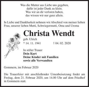 Traueranzeige von Christa Wendt (geb. Ulrich)  von Magdeburger Volksstimme