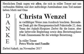 Traueranzeige von Christa Wenzel  von Magdeburger Volksstimme