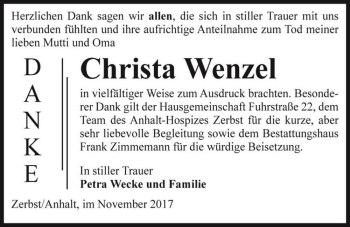 Traueranzeige von Christa Wenzel  von Magdeburger Volksstimme