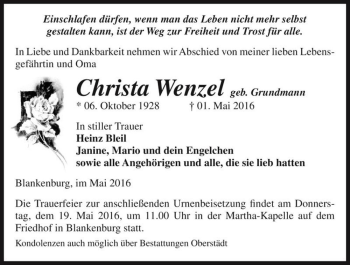 Traueranzeige von Christa Wenzel (geb. Grundmann)  von Magdeburger Volksstimme