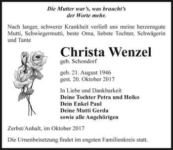 Traueranzeige von Christa Wenzel (geb. Schondorf)  von Magdeburger Volksstimme