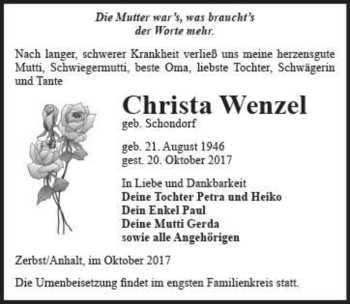 Traueranzeige von Christa Wenzel (geb. Schondorf)  von Magdeburger Volksstimme