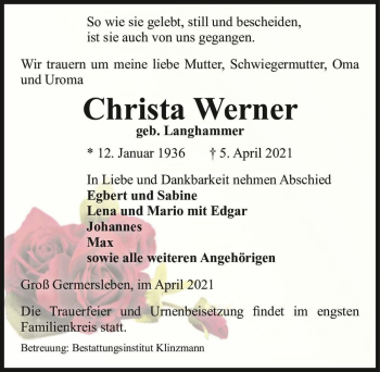 Traueranzeige von Christa Werner (geb. Langhammer)  von Magdeburger Volksstimme