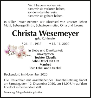 Traueranzeige von Christa Wesemeyer (geb. Kuhlmeier)  von Magdeburger Volksstimme