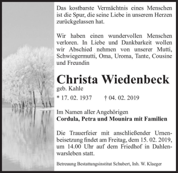 Traueranzeige von Christa Wiedenbeck (geb. Kahle)  von Magdeburger Volksstimme