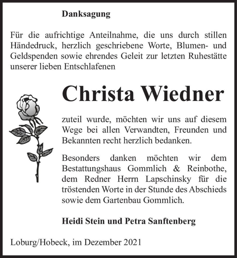  Traueranzeige für Christa Wiedner  vom 18.12.2021 aus Magdeburger Volksstimme