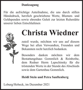 Traueranzeige von Christa Wiedner  von Magdeburger Volksstimme