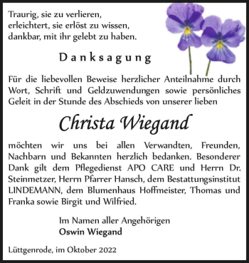 Traueranzeige von Christa Wiegand  von Magdeburger Volksstimme