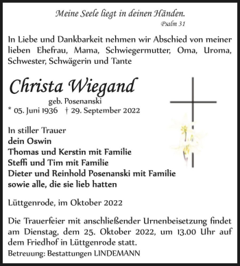 Traueranzeige von Christa Wiegand (geb. Posenanski)  von Magdeburger Volksstimme