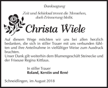 Traueranzeige von Christa Wiele  von Magdeburger Volksstimme
