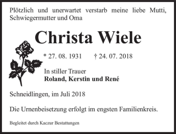 Traueranzeige von Christa Wiele  von Magdeburger Volksstimme