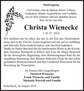 Traueranzeige von Christa Wienecke  von Magdeburger Volksstimme