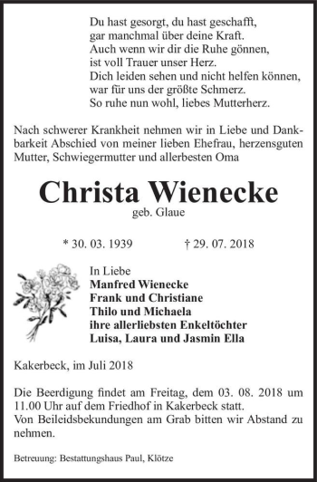Traueranzeige von Christa Wienecke (geb. Glaue)  von Magdeburger Volksstimme